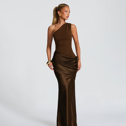 One-Shoulder Pleated Satin Long Dress