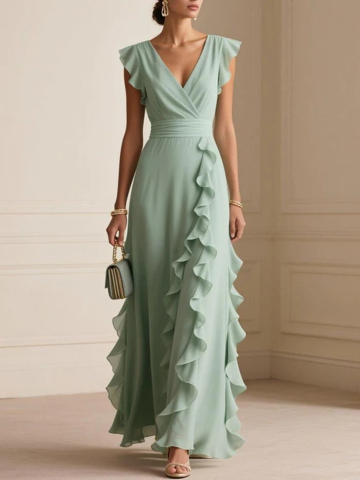 Solid Color, Ruched, Short-Sleeve, V-Neck, Dress, Chiffon Gown
