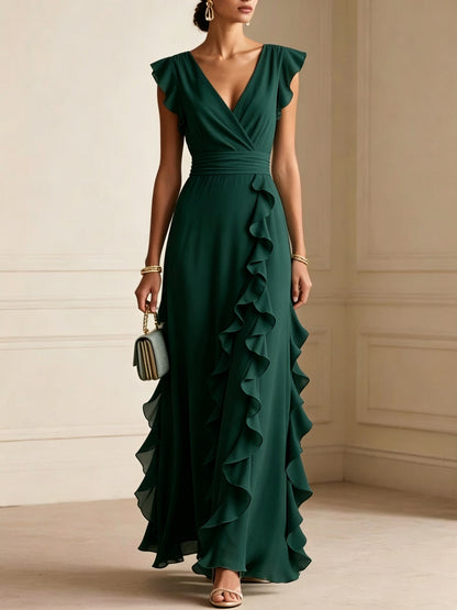 Solid Color, Ruched, Short-Sleeve, V-Neck, Dress, Chiffon Gown