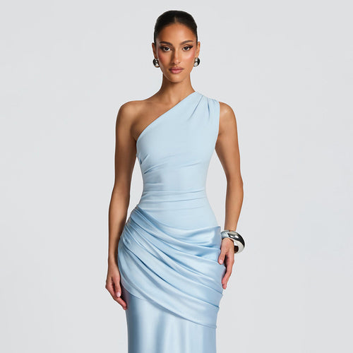 One-Shoulder Pleated Satin Long Dress