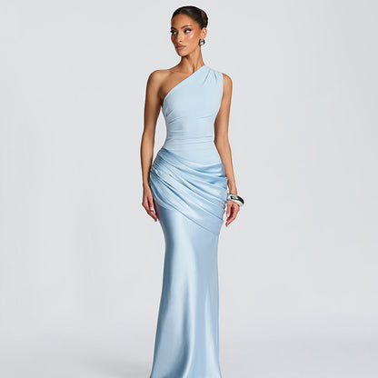 One-Shoulder Pleated Satin Long Dress