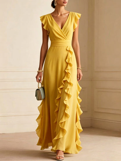 Solid Color, Ruched, Short-Sleeve, V-Neck, Dress, Chiffon Gown